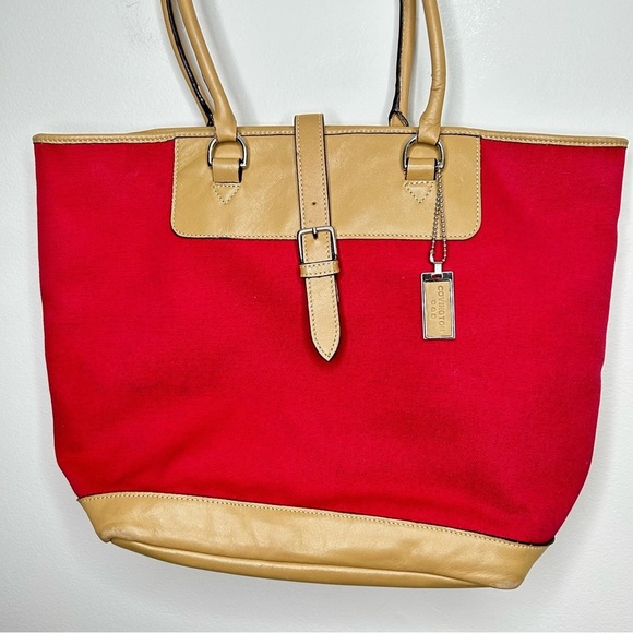 Covington Leather and  Canvas Red Tote with Buckle - Picture 2 of 10